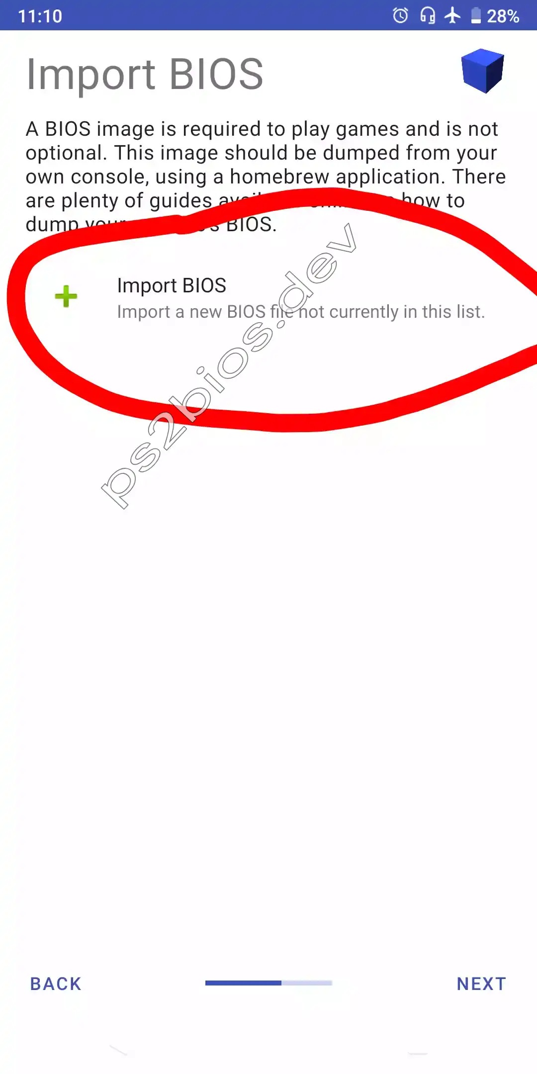AetherSX2 Setup - BIOS Import Screen