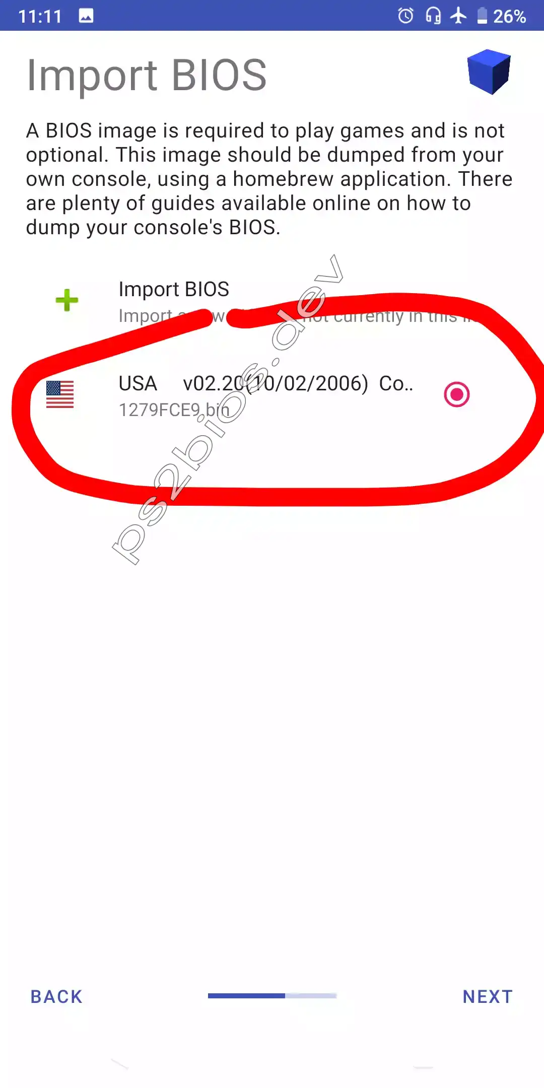 AetherSX2 - Selecting the imported BIOS file from the list