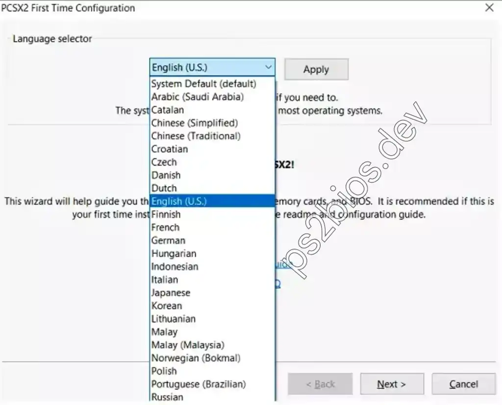 PCSX2 First Time Setup - Language Selection